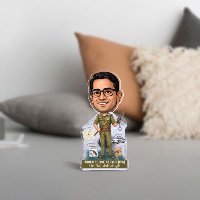 Personalized Indian Police Service Caricature for Office Tabletop Decor Gift for Police Officers, IPS Aspirants Retirement or Birthday Gift for IPS Officer Battery Powered Moving Head